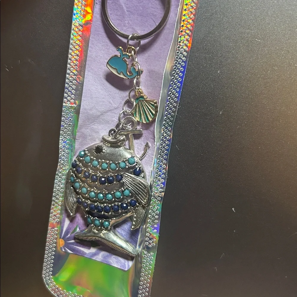 Silver keychain with Fish theme‎ charms